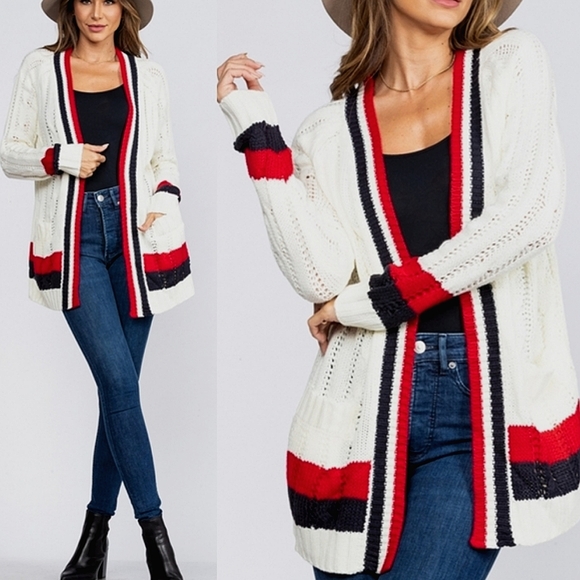 Designer Inspired Open Front Knit Cardigan w/ pock - Picture 3 of 10